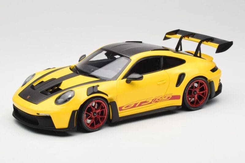 Porsche 911 992 GT3 RS Racing Yellow Weissach Package & Red Wheels Minichamps 1:18 110062025 Metal