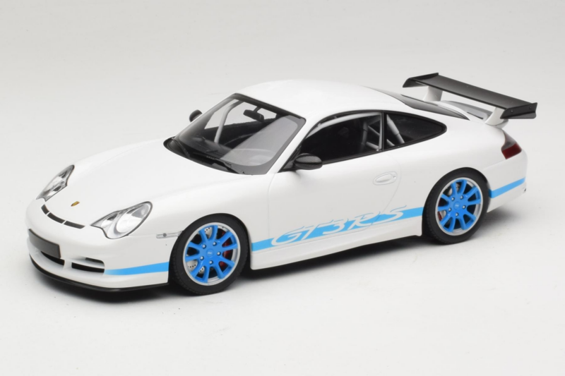 Porsche 911 996 GT3 RS Biały Niebieskie Paski Minichamps 1:18 155062021 Metal