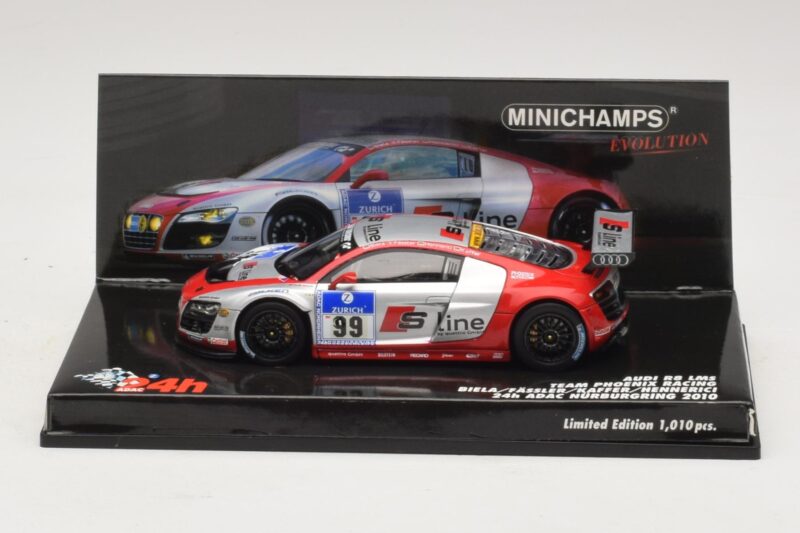Audi R8 LMS GT3 #99 F. Biela / M. Fassler Phoenix Racing 24 Hours of Nurburgring 2010 Minichamps 1:43 Audi R8 LMS GT3 #99 F. Biela / M. Fassler Phoenix Racing 24 Hours of Nurburgring 2010 Minichamps 1:43 437101999 Metal